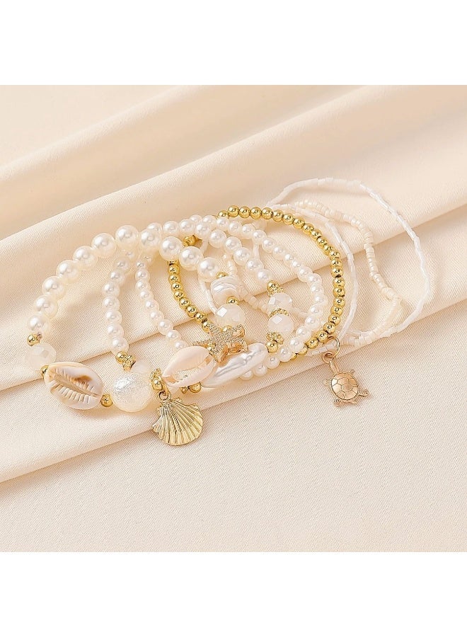 JUMEI 7 Pcs Bohemian Beaded Bracelet Set for Women, Shell & Starfish Beach Bracelets, Stackable Gold Pearl Bracelets, Summer Festival Daily Wear - Image 5